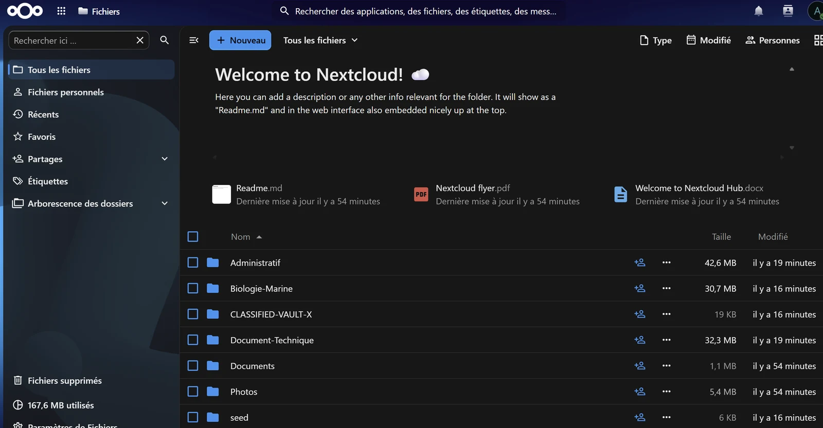 Nextcloud peuplé avec les documents du scénario