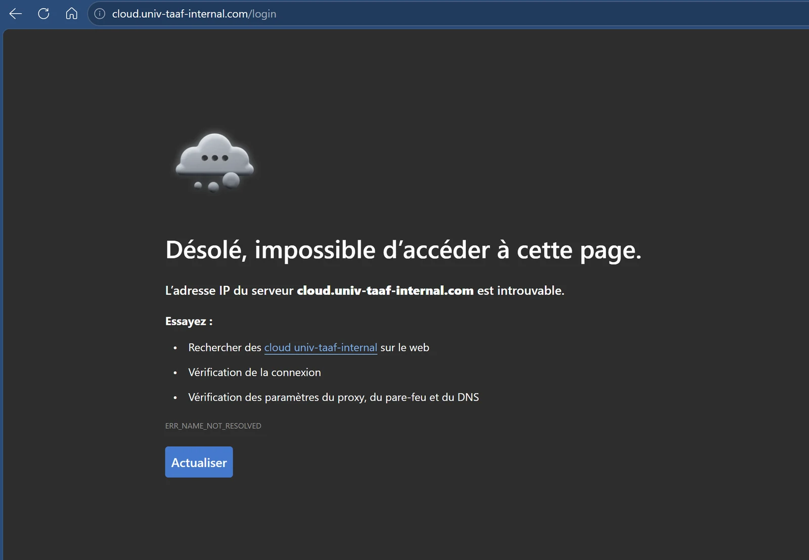 Incident documenté : redirection vers un nom de domaine interne non résolu