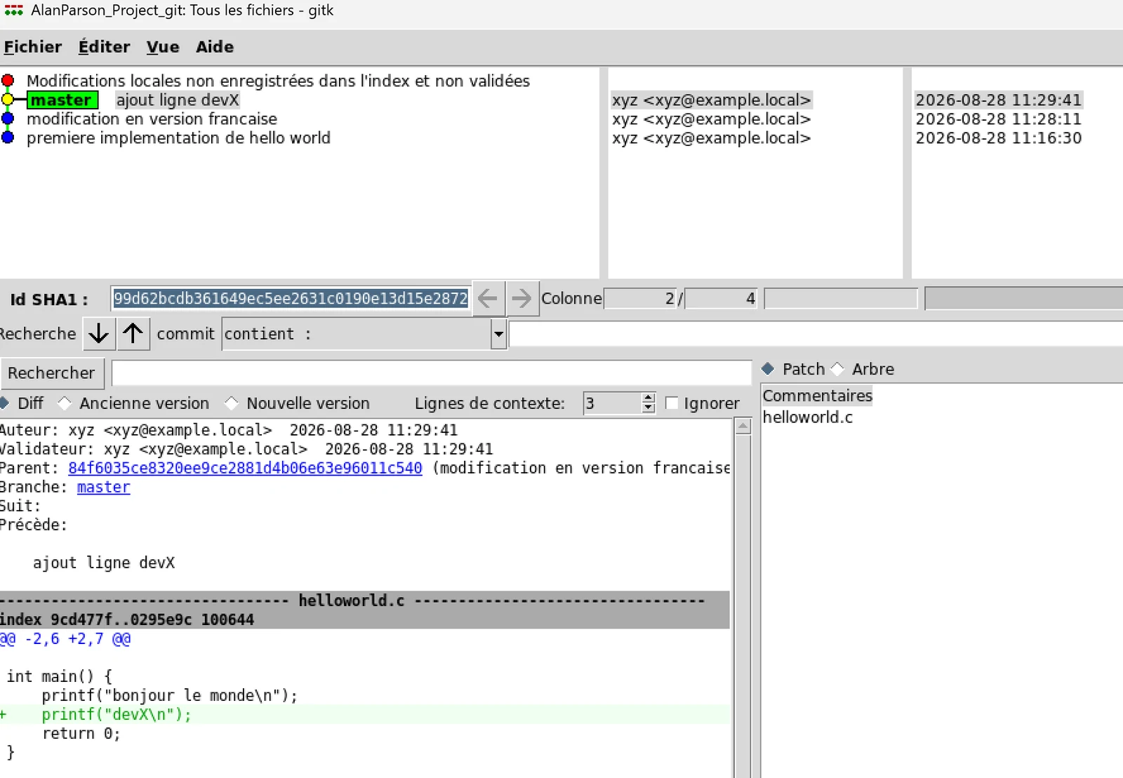gitk : historique des commits du même scénario rejoué sous Git