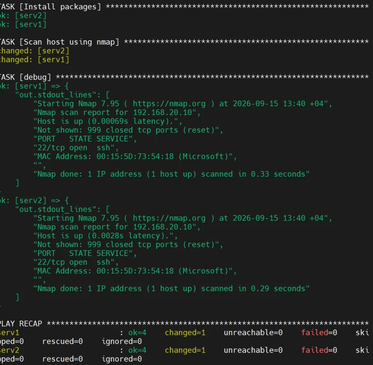 Playbook lançant un scan nmap et affichant son résultat